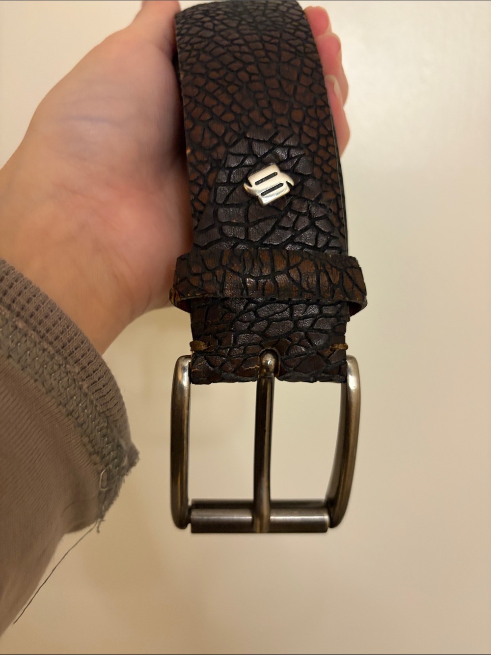 Men's Textured Brown Leather Belt with Silver Buckle